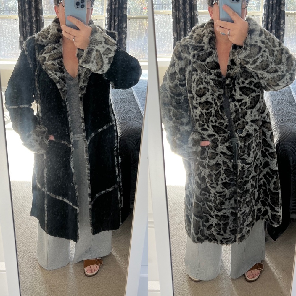 Reversible Genuine Suede and Faux Fur Leopard Long Coat